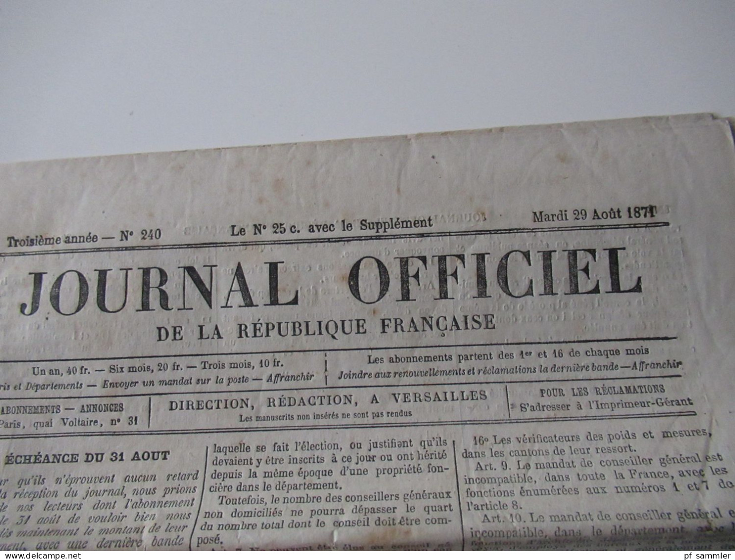 Guerre 1870 Deutsch-Französischer Krieg 5 Zeitungen Journal Officiel De La Republique Francaise August U. September 1871 - Français