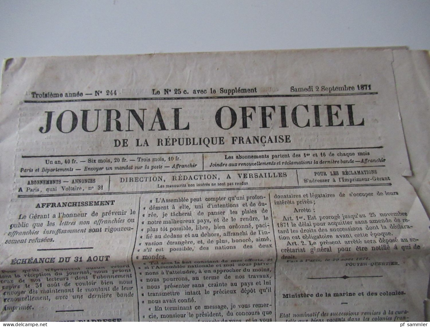 Guerre 1870 Deutsch-Französischer Krieg 5 Zeitungen Journal Officiel de la Republique Francaise August u. September 1871