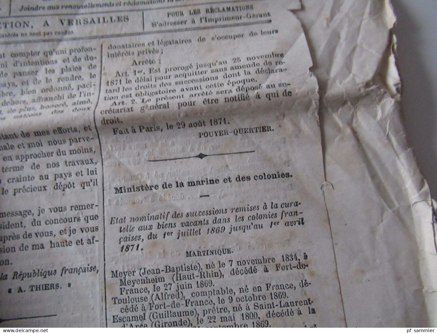 Guerre 1870 Deutsch-Französischer Krieg 5 Zeitungen Journal Officiel de la Republique Francaise August u. September 1871