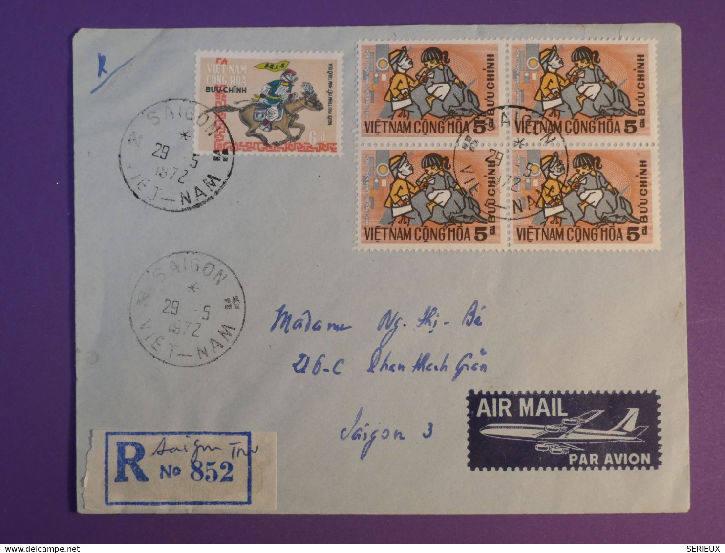 BW0 VIETNAM  CONG HOA  BELLE LETTRE  RECO.  1972  SAIGON  . BLOC DE 4 TP + AFFRANCH. PLAISANT+++ - Viêt-Nam