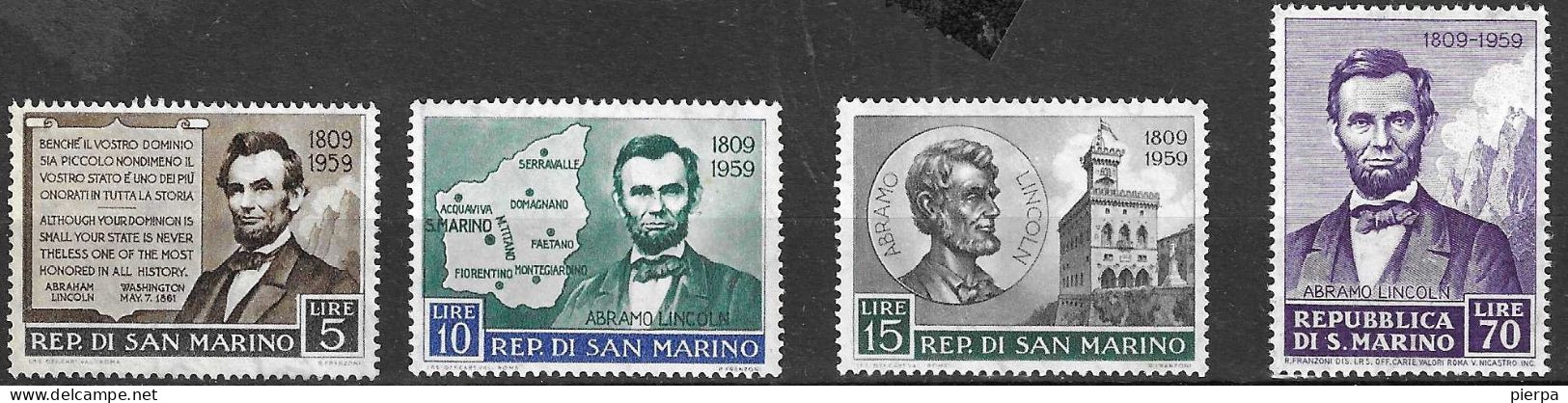 SAN MARINO - 1959 - LINCOLN - SERIE CPL 4 VALORI - NUOVA  MNH** (YVERT 466\9 - MICHEL 619\22 - SS 497\500) - Neufs