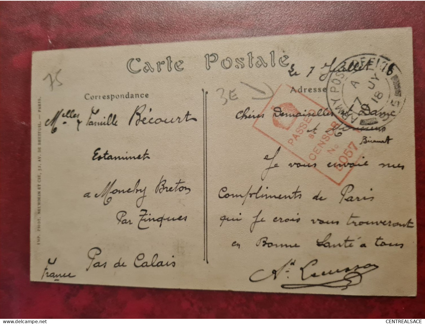 CARTE DE PARIS 1918 FM ARMY POSTAGE CENSURE 6057 POUR MONCHY BRETON - Other & Unclassified