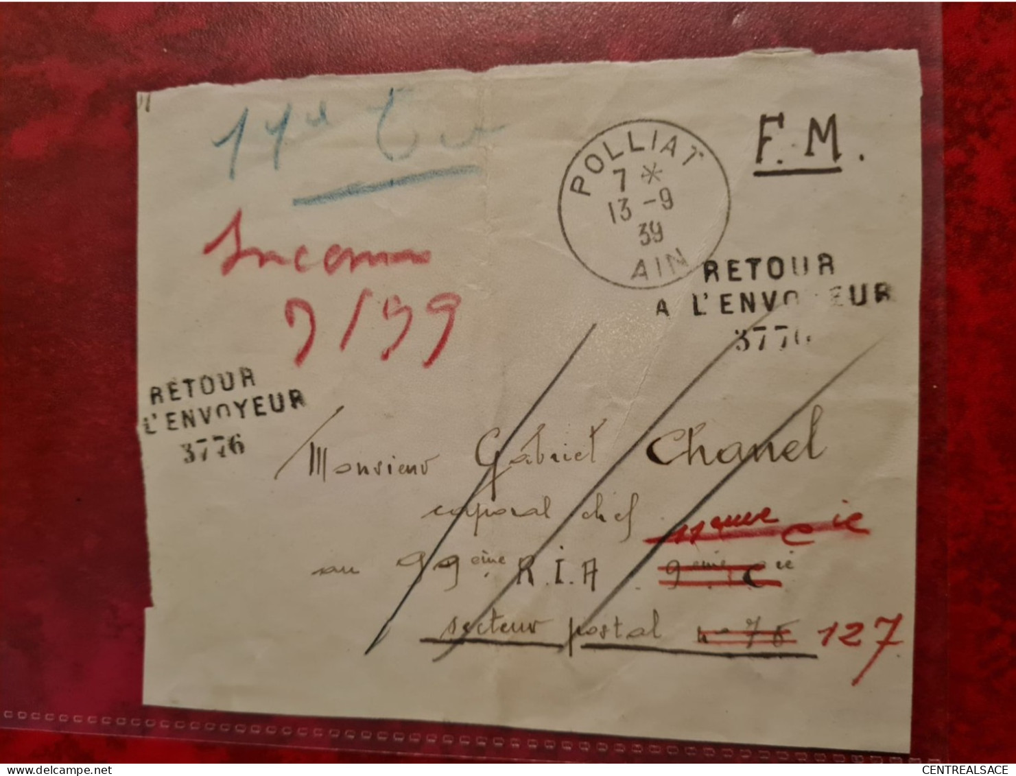 DEVANT LETTRE FM POLLIAT 1939 AIN  RETOUR A L'ENVOYEUR 3776 - Sonstige & Ohne Zuordnung