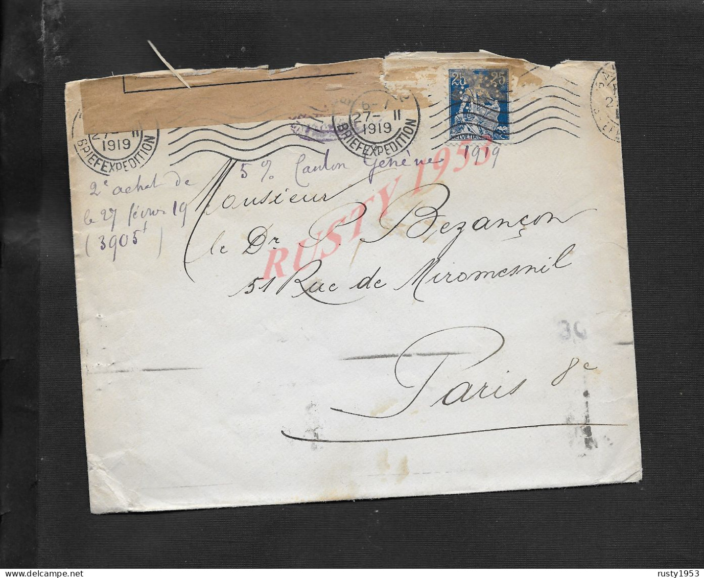 MILITARIA LETTRE CENSURE DE GENÈVE SUISSE 1919 SUR TIMBRE PERFORÉ 25 BLEU POUR PARIS RUE MIROMESNIL SANS CORESPONDANCE - Perfins