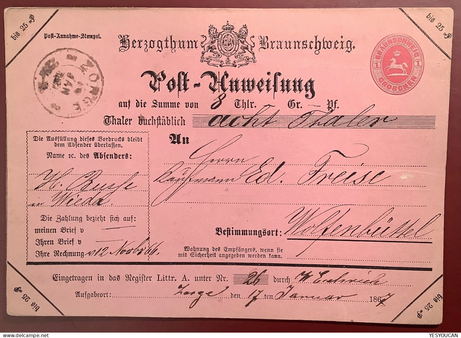„ZORGE 1867“ (Wieda) Seltener Braunschweig Stempel Auf Postanweisung Ganzsache 1 Gr>Wolfenbüttel (Brief Walkenried Harz - Braunschweig