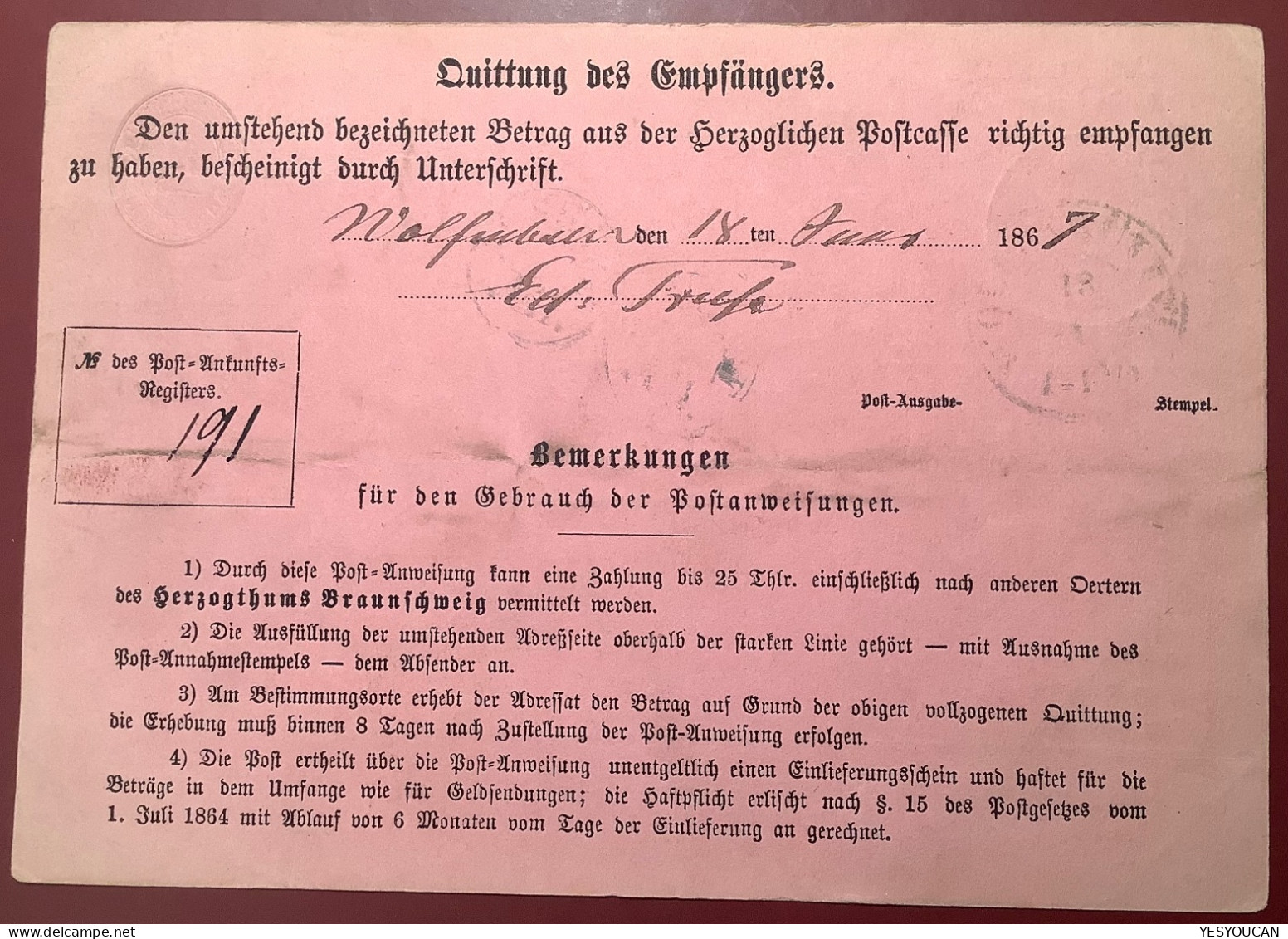 „ZORGE 1867“ (Wieda) Seltener Braunschweig Stempel Auf Postanweisung Ganzsache 1 Gr>Wolfenbüttel (Brief Walkenried Harz - Brunswick