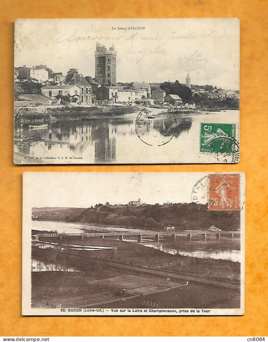 OUDON - 44 - LOT 2 CPA -  VUE SUR LA LOIRE , LE PONT ET CHAMPTOCEAUX PRISE DE LA TOUR - LE BOURG CARTE PRECURSEUR - Oudon