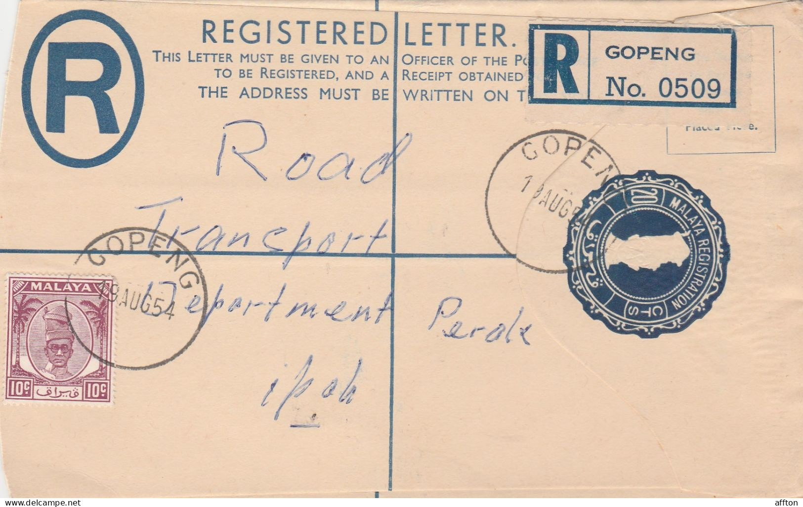 Gopeng Malaysia 1954 Registered Cover Mailed - Federated Malay States