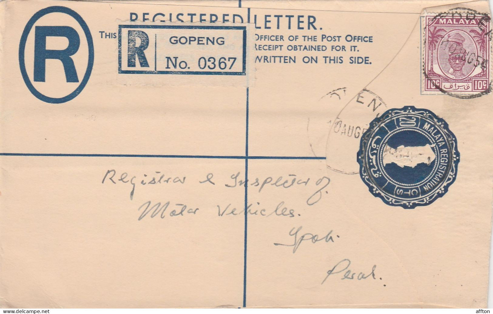 Gopeng Malaysia 1954 Registered Cover Mailed - Federated Malay States