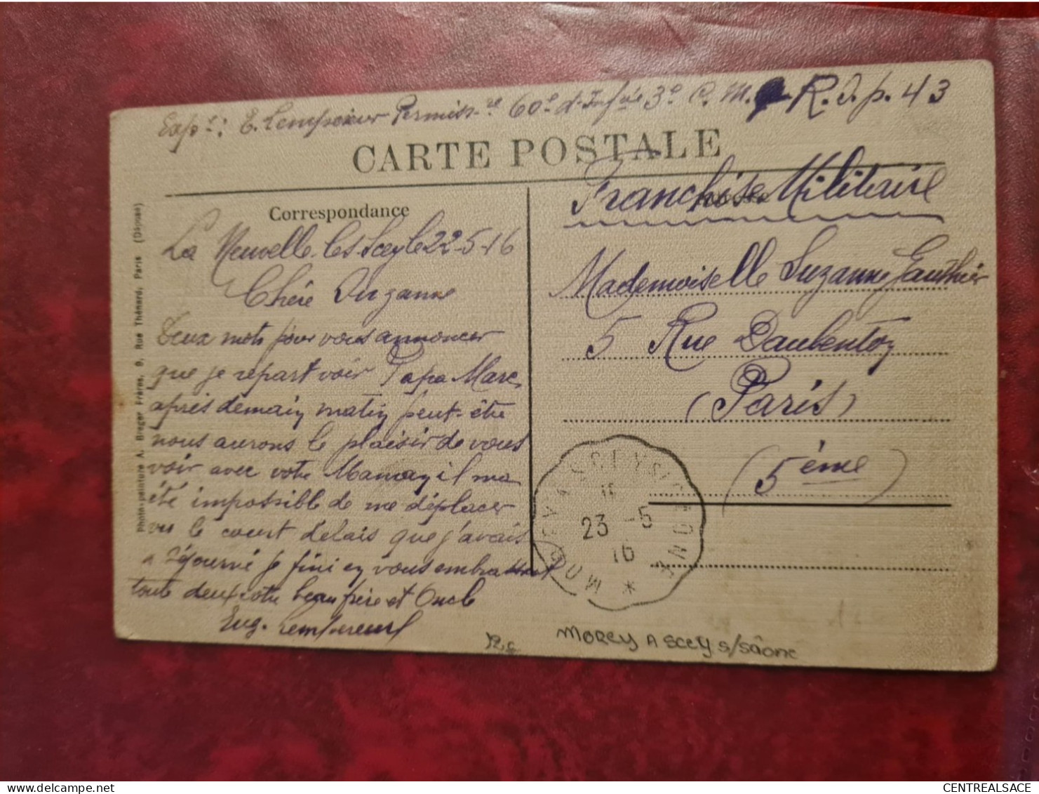 CARTE SCEY SUR SAONE FRANCHISE MILITAIRE CACHET MOREY A SCEY 1916 Pli Dans La Carte - Andere & Zonder Classificatie