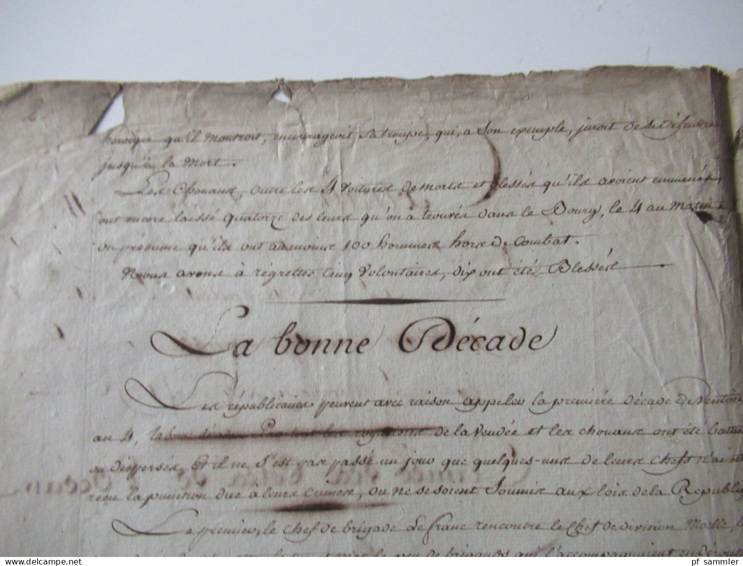 Frankreich 1796 / Militaria / Angers / Du Cantonnement de Mellé depart de La Mayenne / Schnörkelschrift / int. Dokument