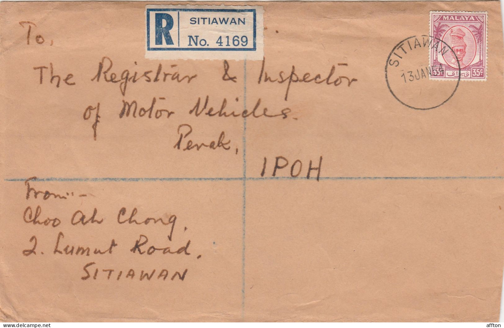 Sitiawan Malaysia 1954 Registered Cover Mailed - Federated Malay States