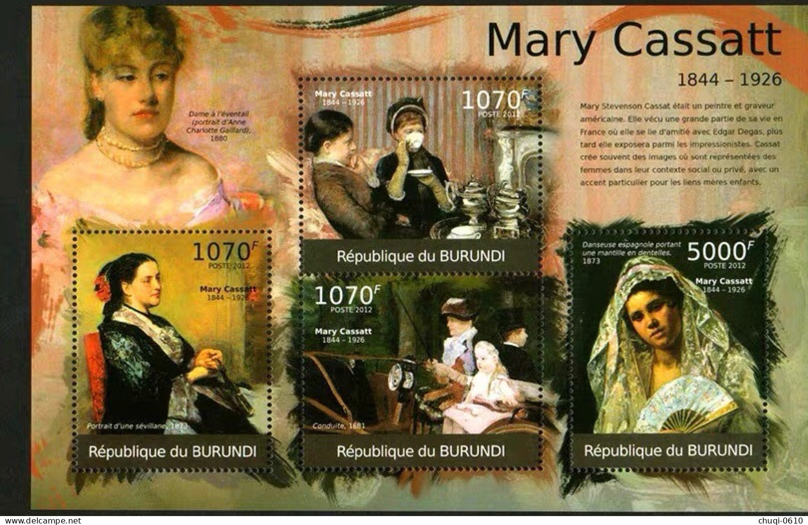 Burundi 2012 American Impressionist Painter Mary Kasat's Paintings,MS MNH - Unused Stamps