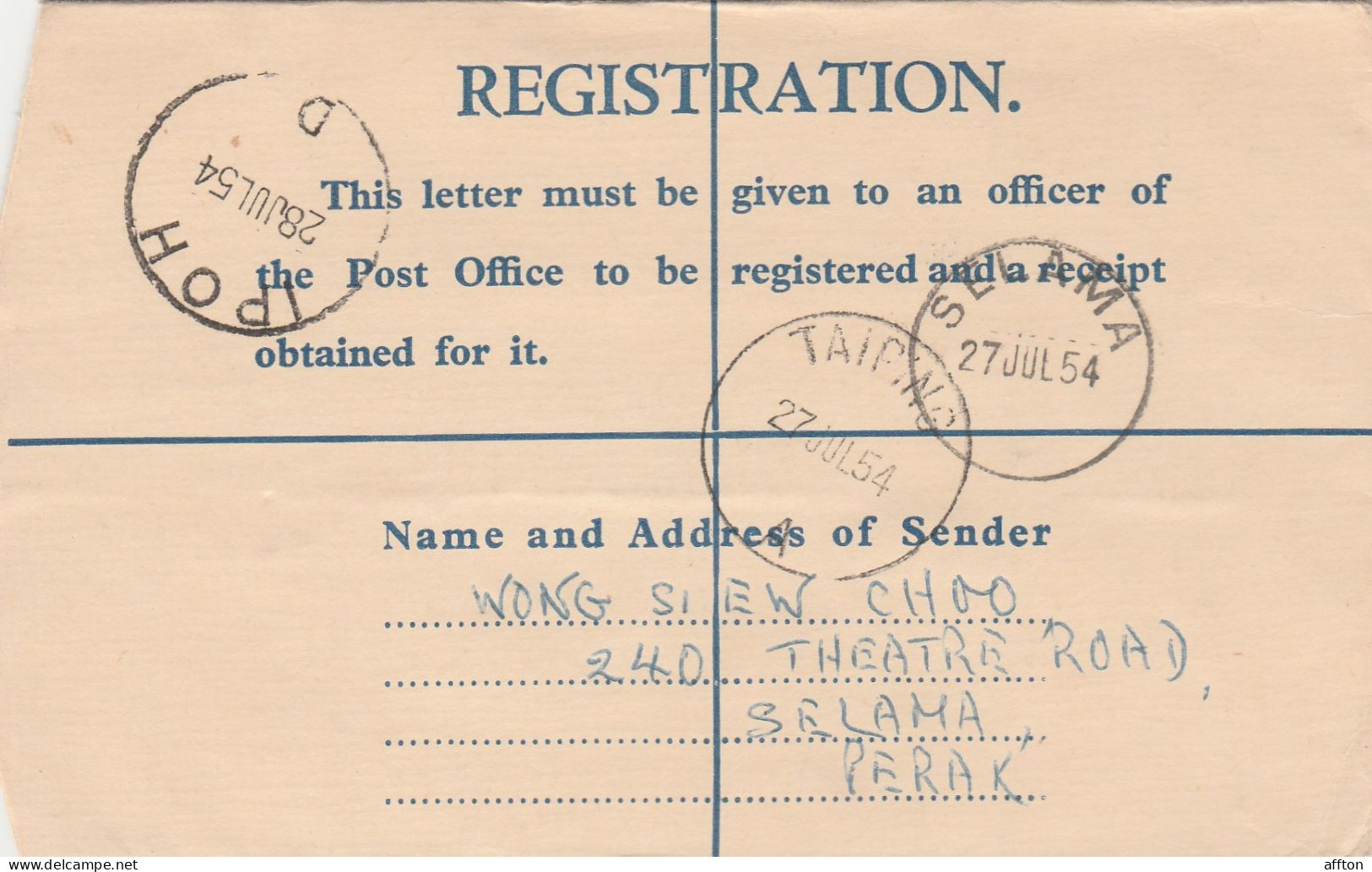 Selama Malaysia 1954 Registered Cover Mailed - Federated Malay States