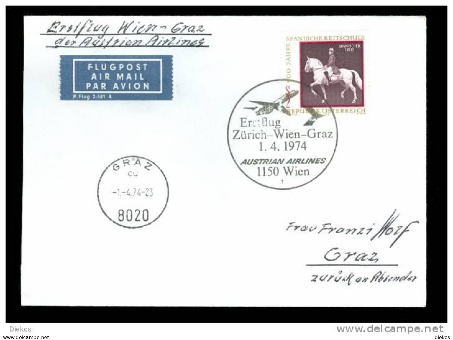 FIRST FLIGHT COVER Erstflug  AUA Wien - Graz  1974 #cover118 - Premiers Vols