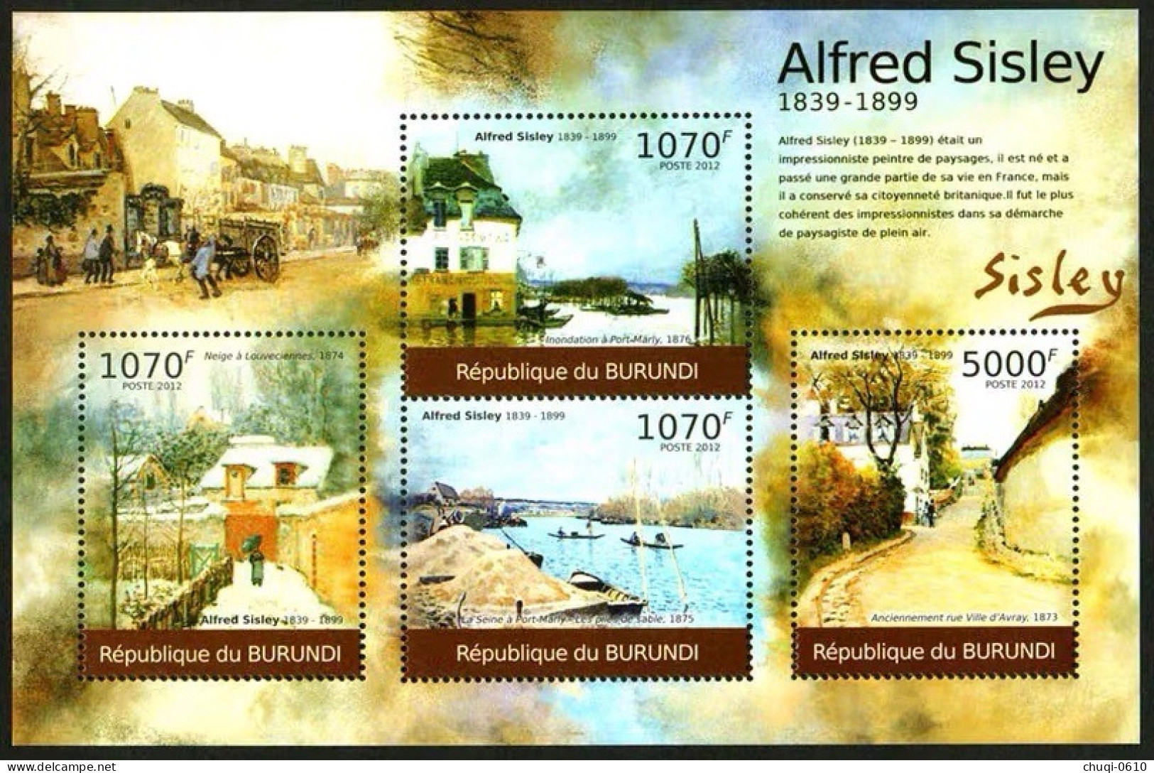 Burundi 2013 French Impressionist Landscape Painter Sisley's Paintings,MS MNH - Neufs