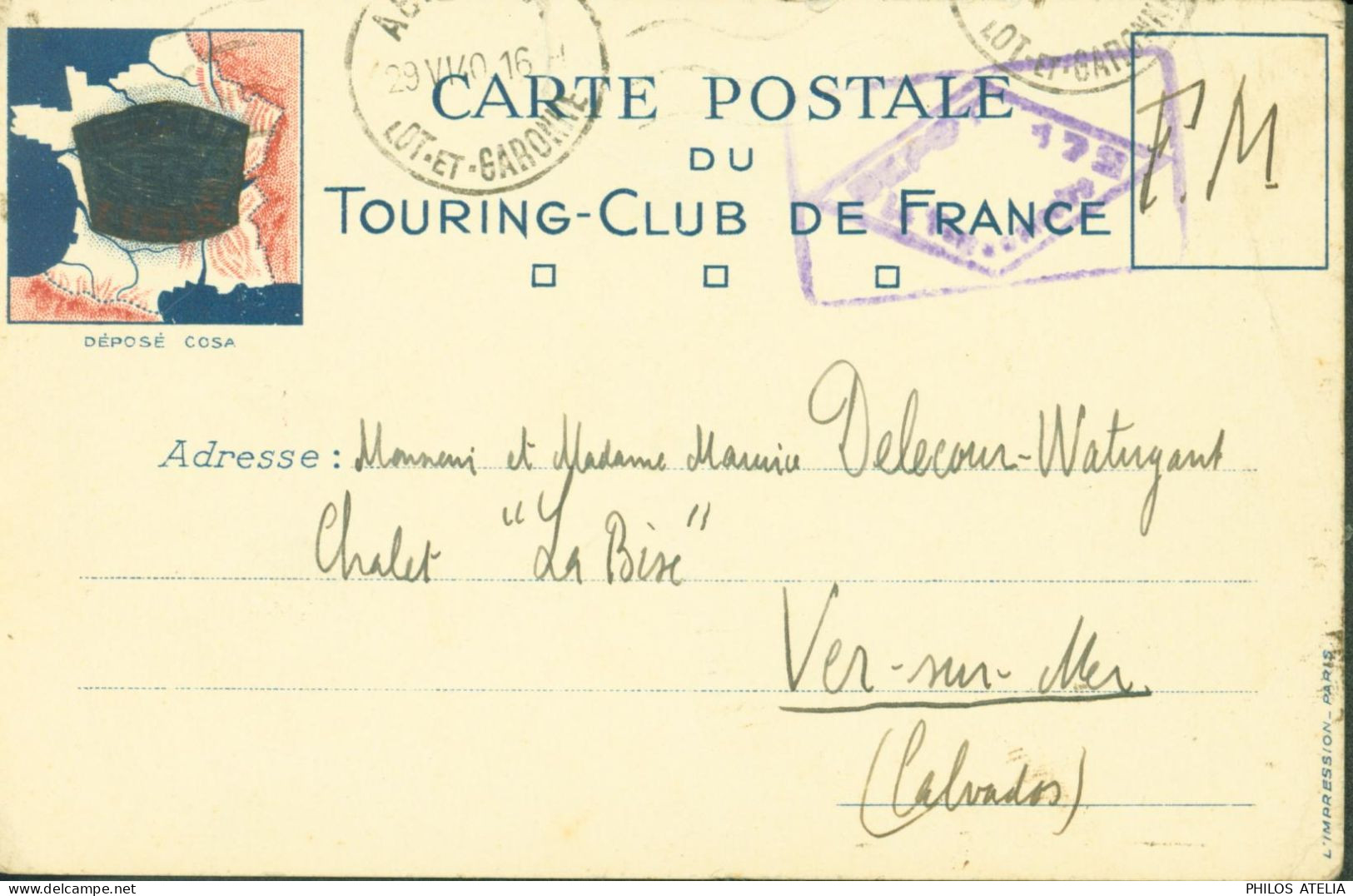 Guerre 40 CP FM Carte Touring Club De France "Il Faut En Finir" Masqué CAD Agen 29 VI 1940 Cachet Du Dépôt 173 - Guerra Del 1939-45