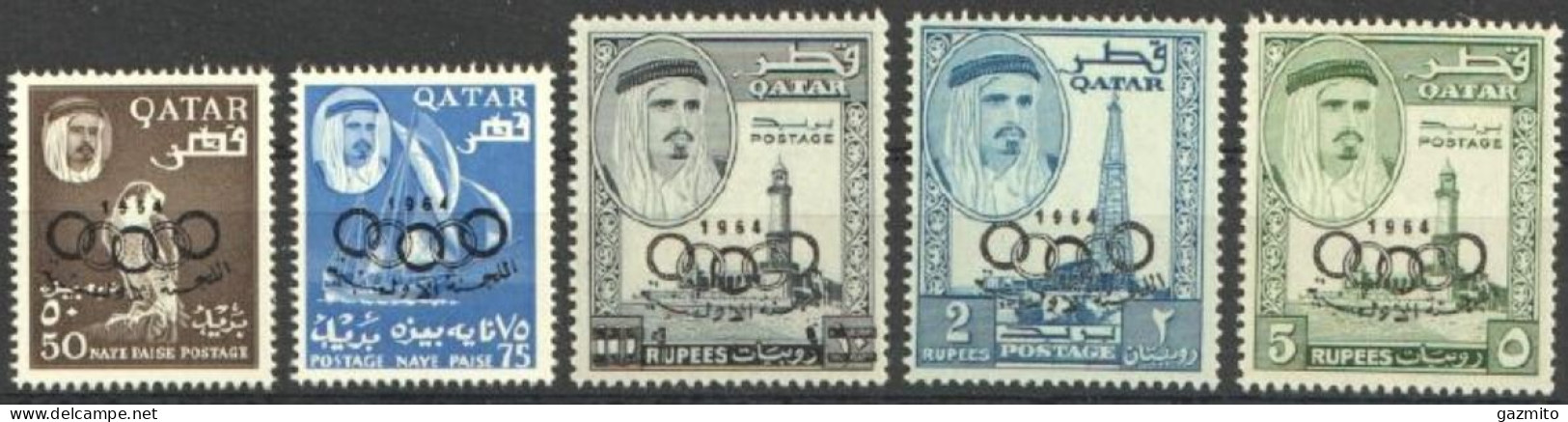 Quatar 1964, Olympic Games In Tokio, Falcon, Mosque, Oil Well, 5val - Aardolie