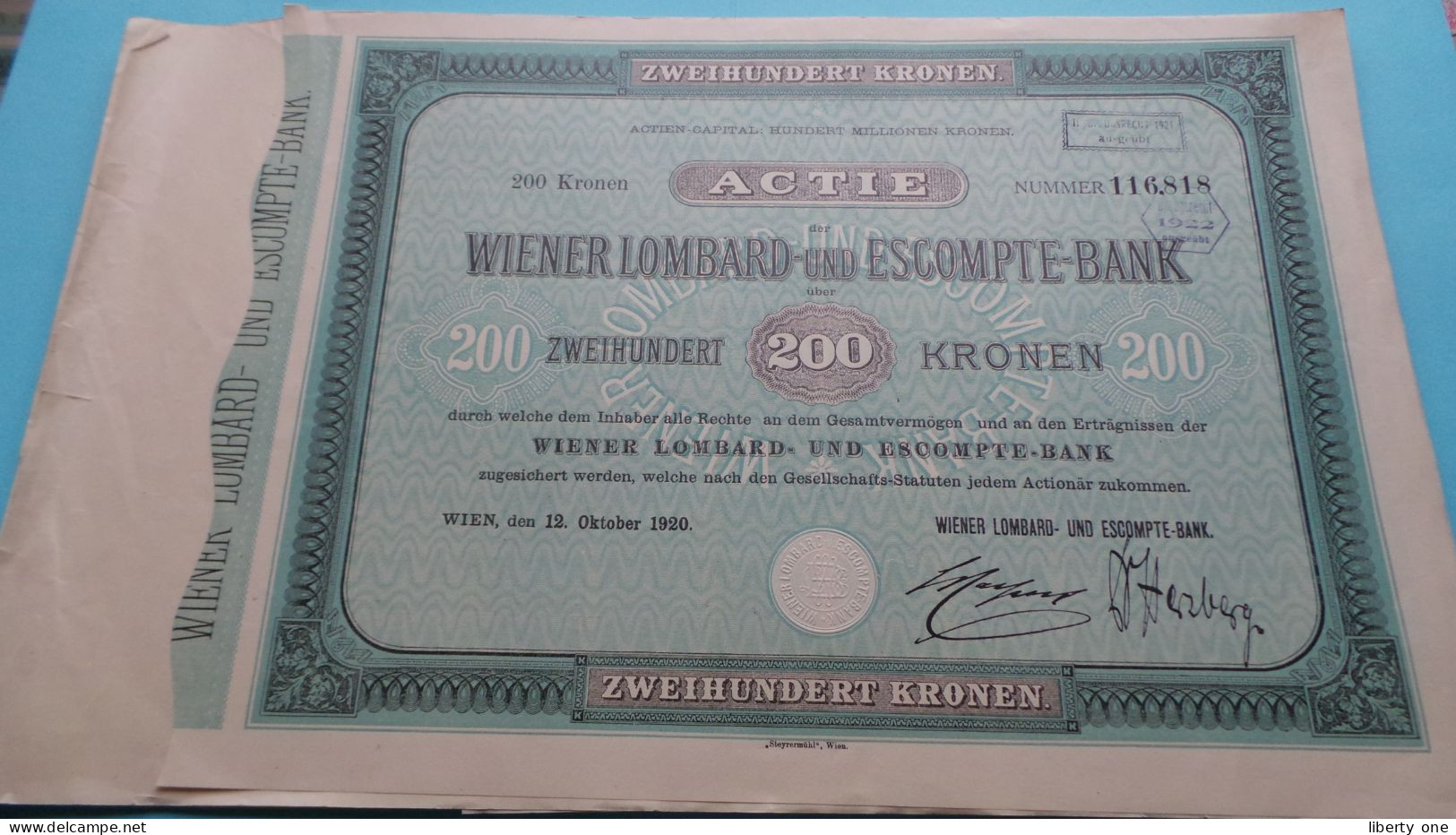 200 Kronen ACTIE " WIENER LOMBARD-und ESCOMPTE-BANK " 200 Kronen - N° 116.818 ( Sehen Sie SCANS ) Wien 1920 ! - Banque & Assurance