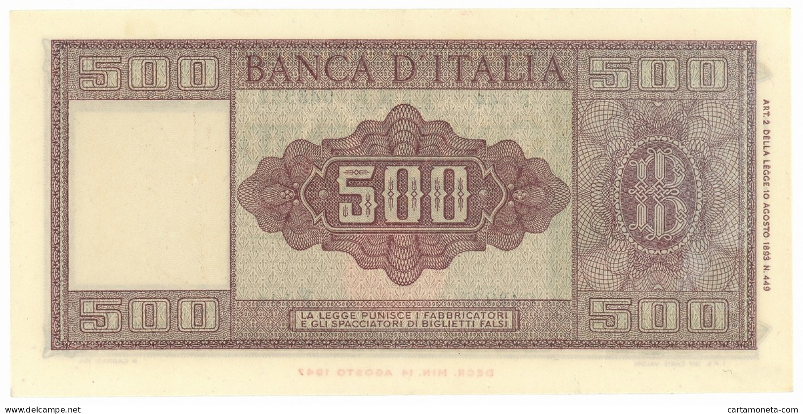 500 LIRE ITALIA ORNATA DI SPIGHE MEDUSA 10/02/1948 BB/SPL - Other & Unclassified