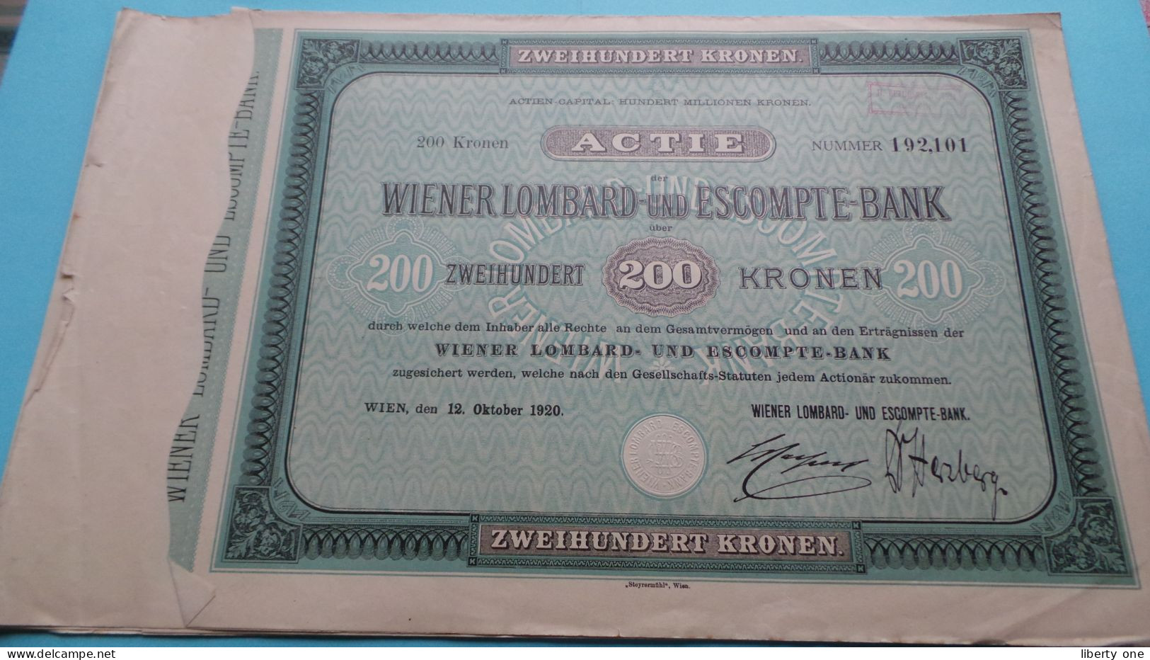 200 Kronen ACTIE " WIENER LOMBARD-und ESCOMPTE-BANK " 200 Kronen - N° 192.101 ( Sehen Sie SCANS ) Wien 1921 ! - Banque & Assurance