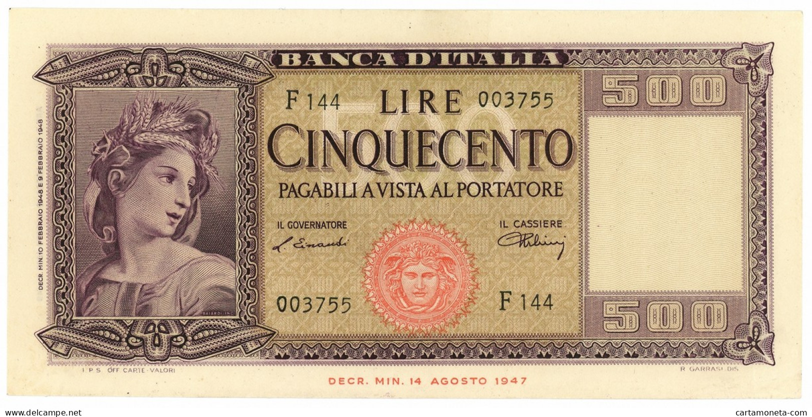 500 LIRE ITALIA ORNATA DI SPIGHE MEDUSA 10/02/1948 BB/SPL - Other & Unclassified