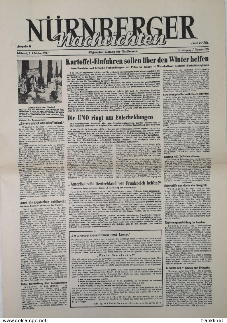 Nürnberger Nachrichten. 3. Jahrgang. Nummer 78. Mittwoch, 1.Oktober 1947. - Sonstige & Ohne Zuordnung