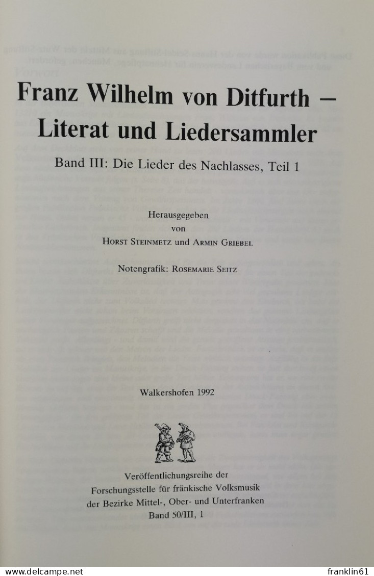 Franz Wilhelm Von Ditfurth - Literat Und Liedersammler. Band III:  Die Lieder Des Nachlasses, Teil 1. - Music