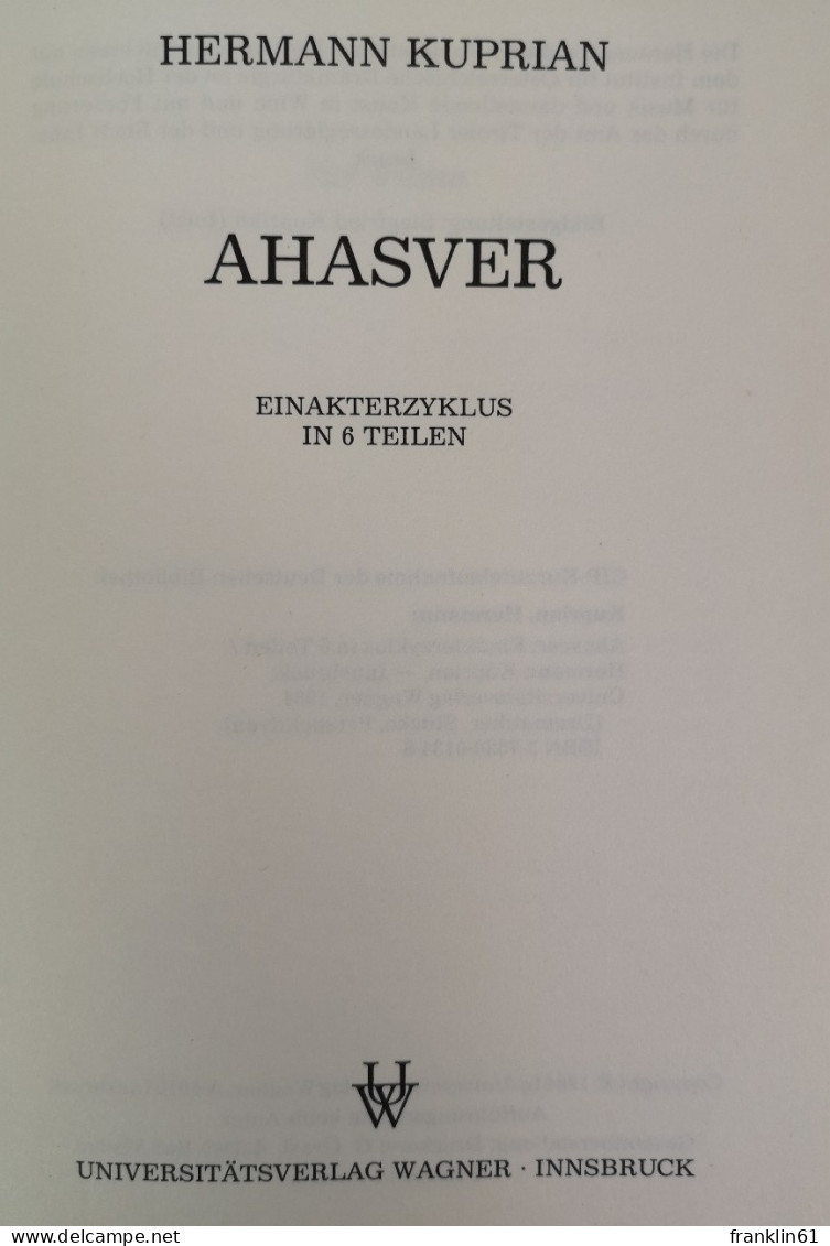 Ahasver. Einakterzyklus In 6 Teilen. - Théâtre & Danse