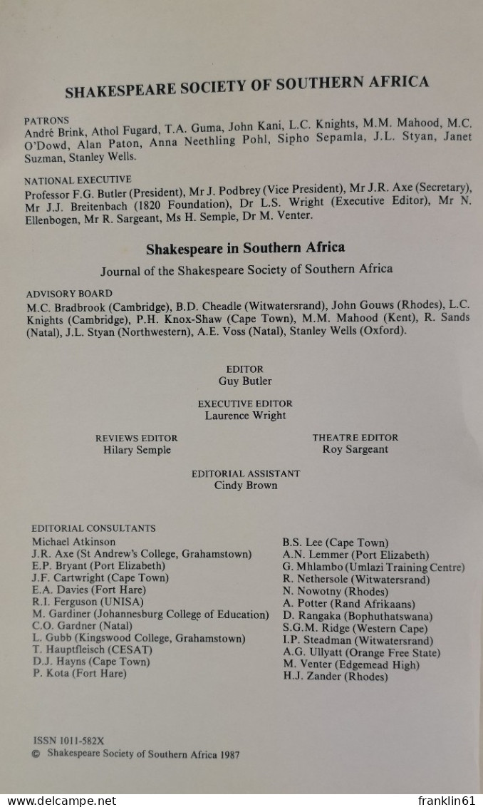 Shakespeare In Southern Africa. - Autres & Non Classés