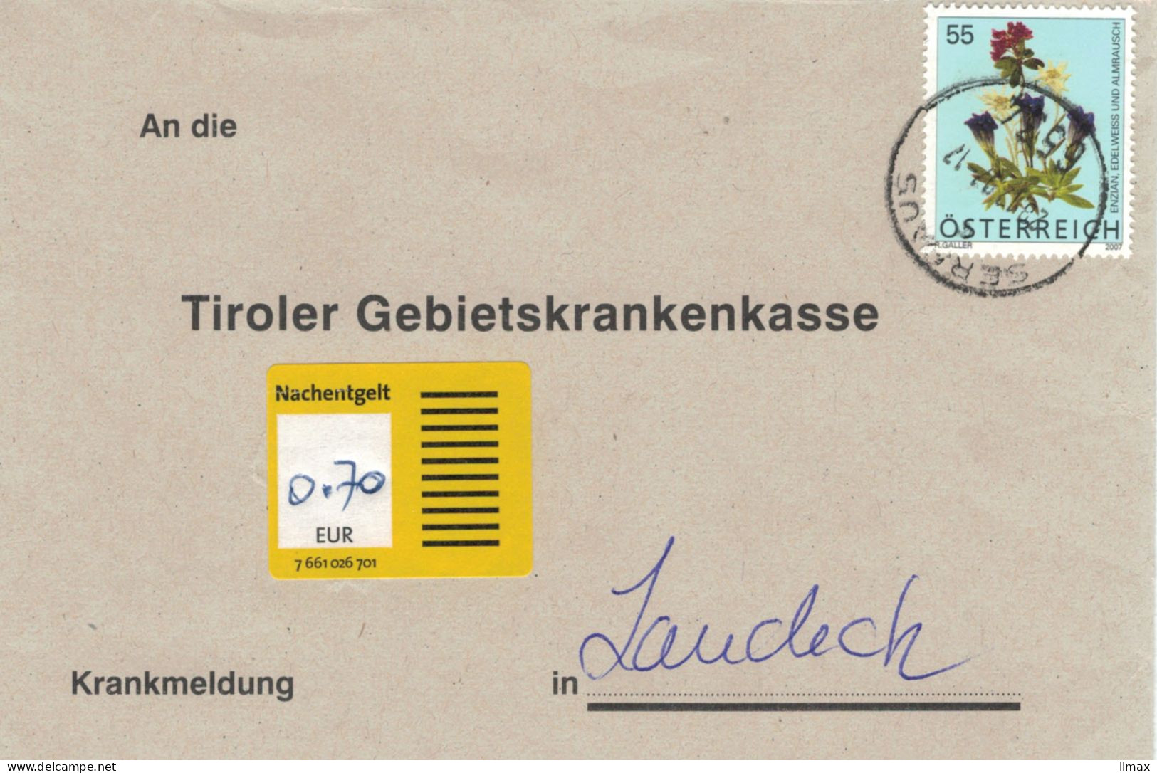 6624 Serfaus > Tiroler GKK Landeck Nachentgelt - Alpenblumen Enzian Edelweiss Almrausch Rhododendron - Storia Postale