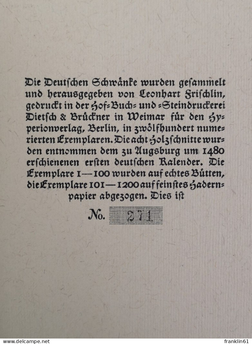 Deutsche Schwänke. 79 Kurtzweylig Schwenck Und Fatzbossen Gesammlet Von Leonhart Frischlin. - Poems & Essays