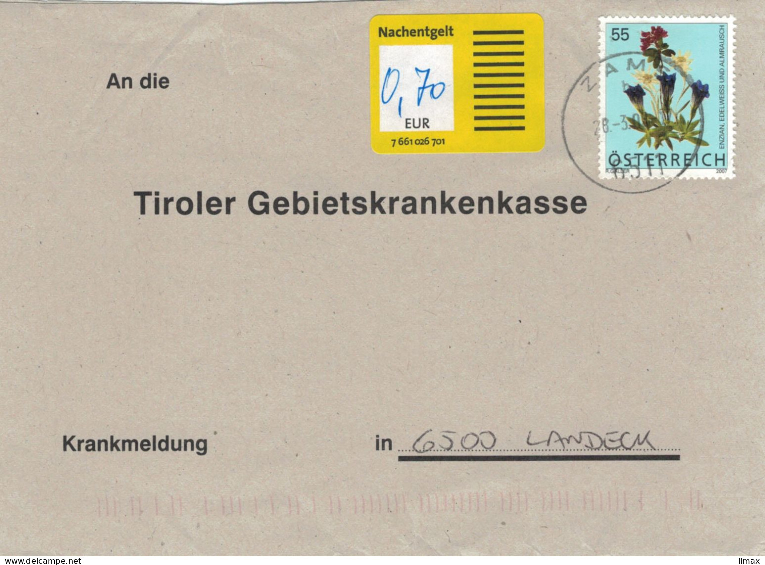 6511 Zams > Tiroler GKK Landeck Nachentgelt - Alpenblumen Enzian Edelweiss Almrausch Rhododendron - Covers & Documents