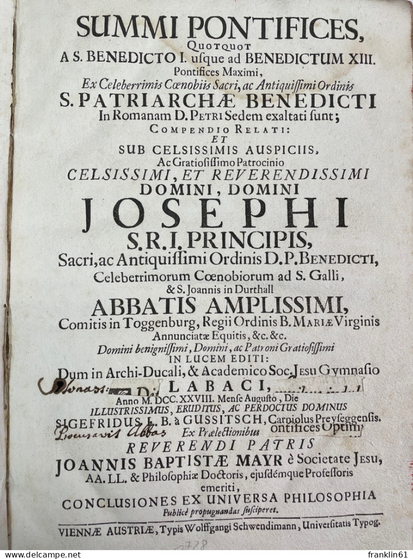 Summi Pontifices, Quotquot A S. Benedicto I. Usque Ad Benedictum XIII. Pontifices Maximi Ex Celeberrimis Monas - Other & Unclassified