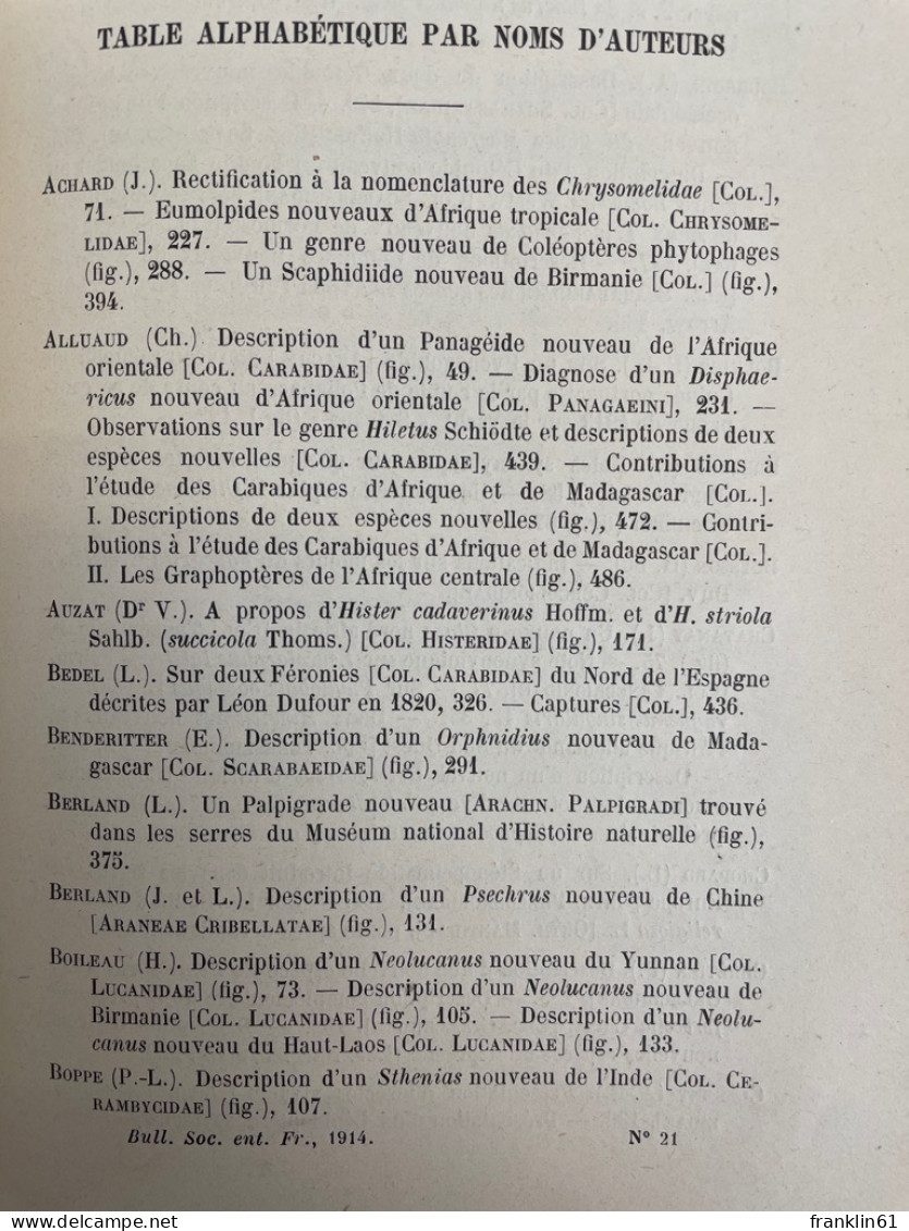 Bulletin De La Société Entomologique De France: 1914. KOMPLETT. - Natuur