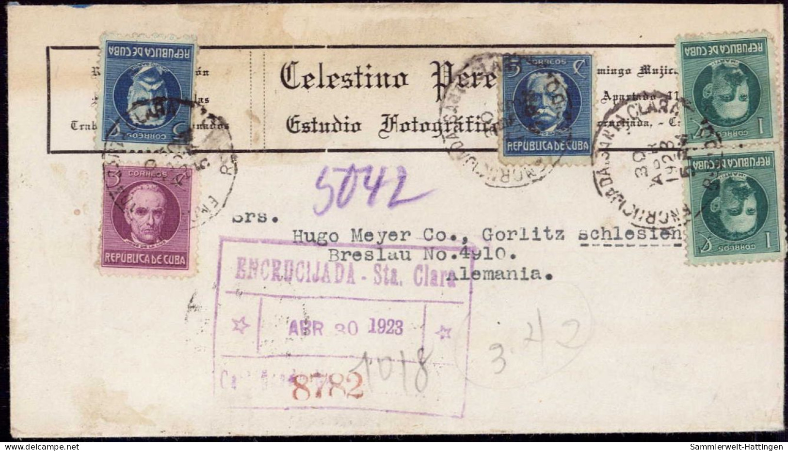 603280 | Brief Per Einschreiben Des Estudio Fotografica Celestino Perez In Santa Clara Cuba  | -, -, - - Briefe U. Dokumente