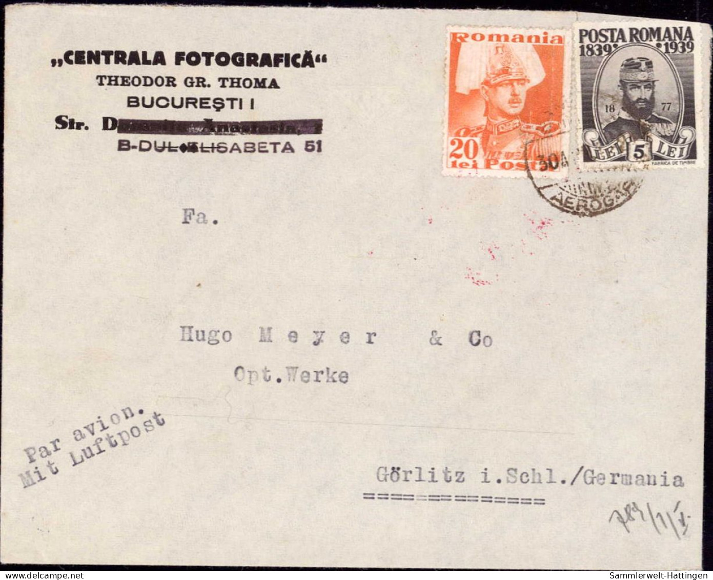 603271 | Brief Der Centrala Fotografica, Bucaresti, Romana, Fotografie, Zensur, Luftpost  | - Cartas De La Segunda Guerra Mundial
