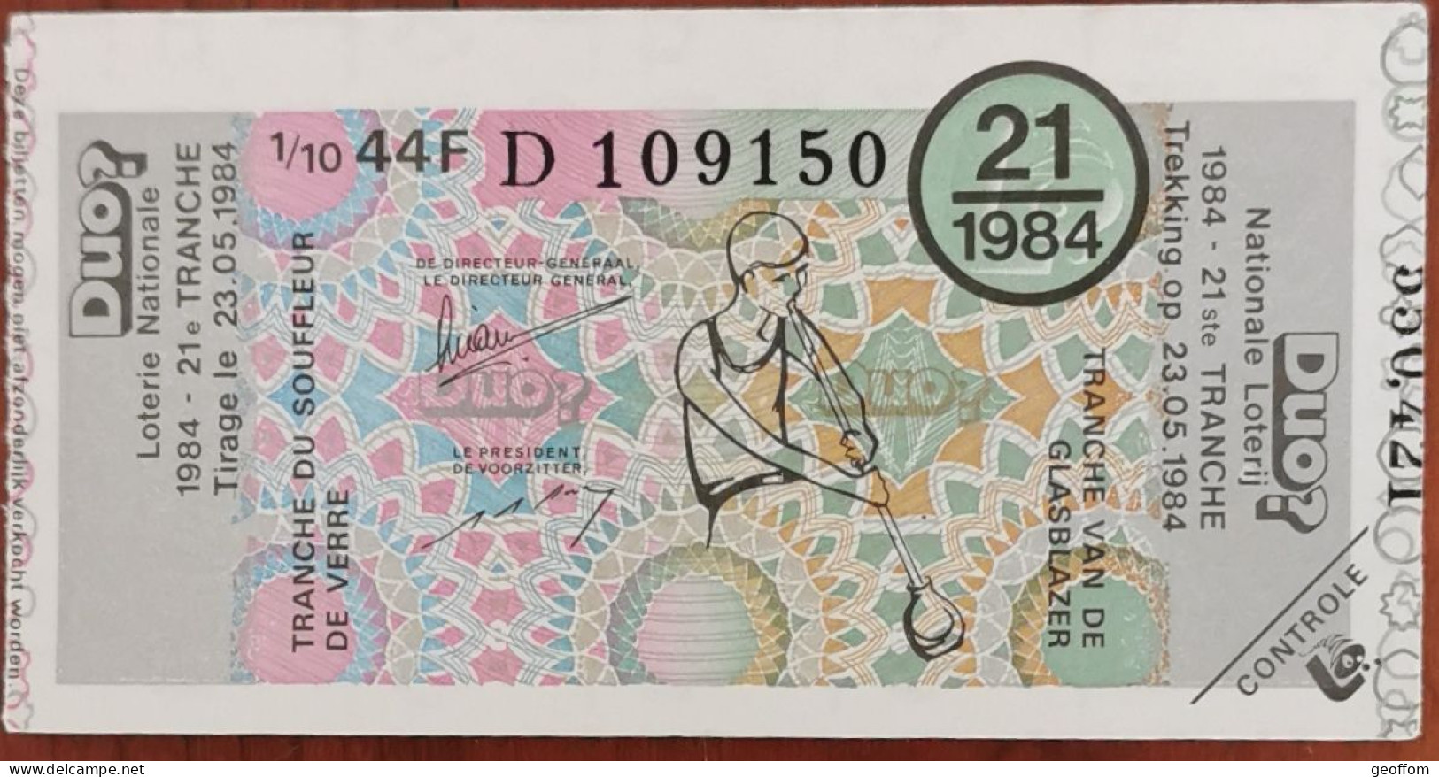 Billet De Loterie Nationale Belgique 1984 21e Tranche Du Souffleur De Verre - 23-5-1984 - Billetes De Lotería