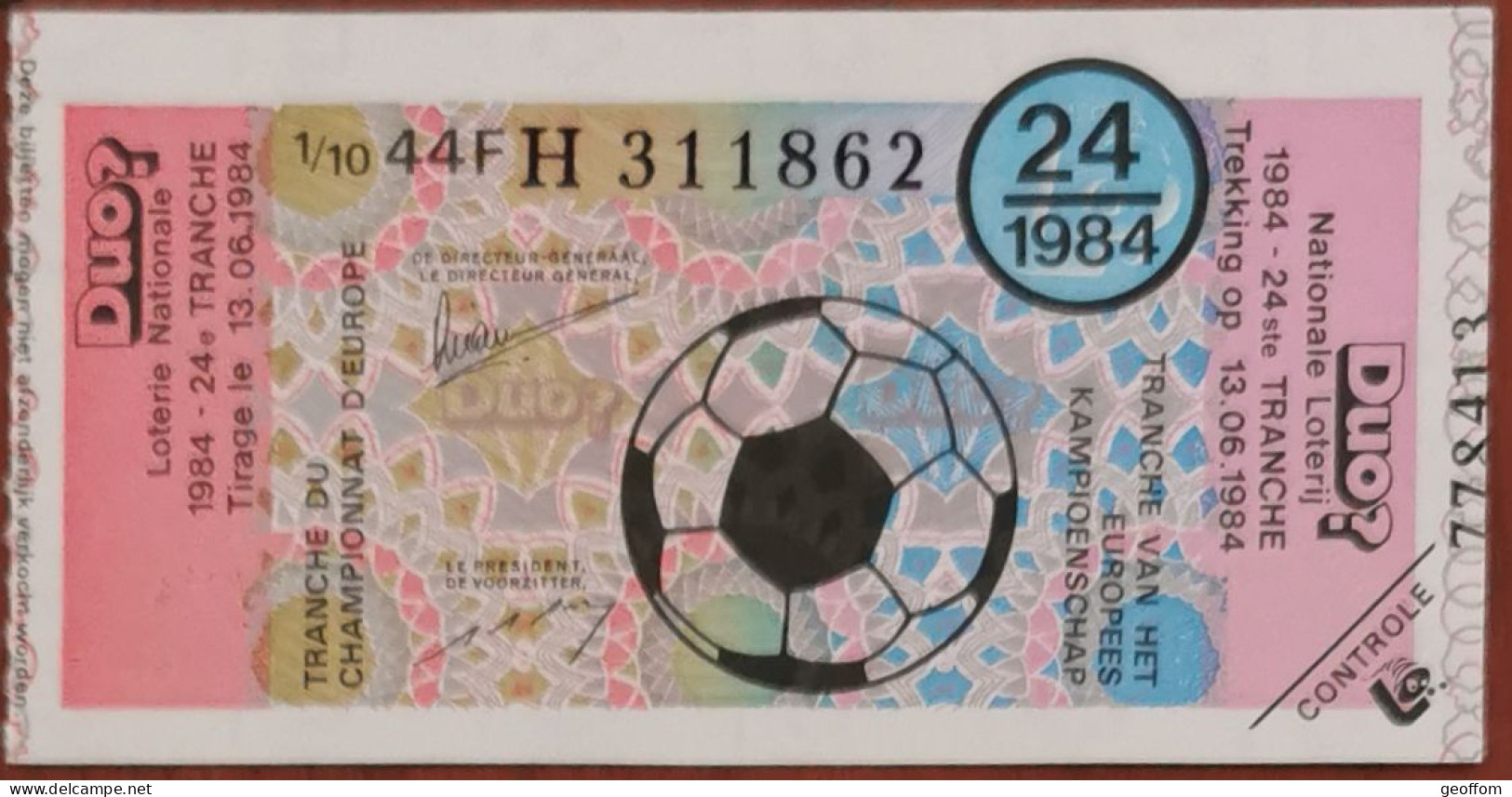 Billet De Loterie Nationale Belgique 1984 24e Tranche Du Championnat D'Europe - 13-6-1984 - Billetes De Lotería