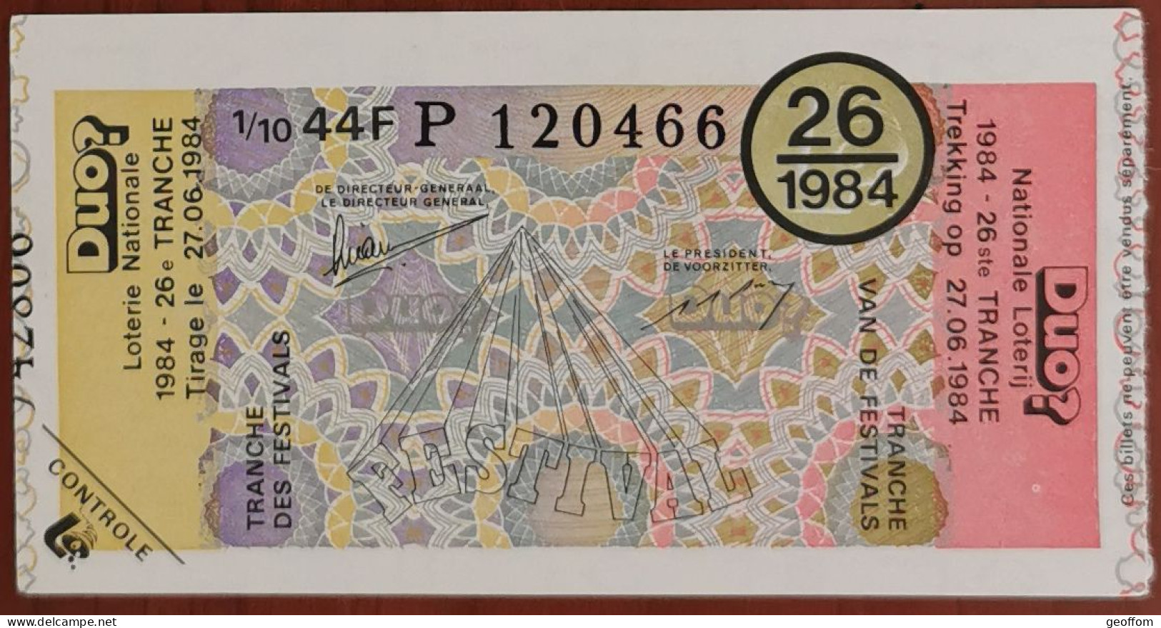 Billet De Loterie Nationale Belgique 1984 26e Tranche Des Festivals - 27-6-1984 - Billetes De Lotería