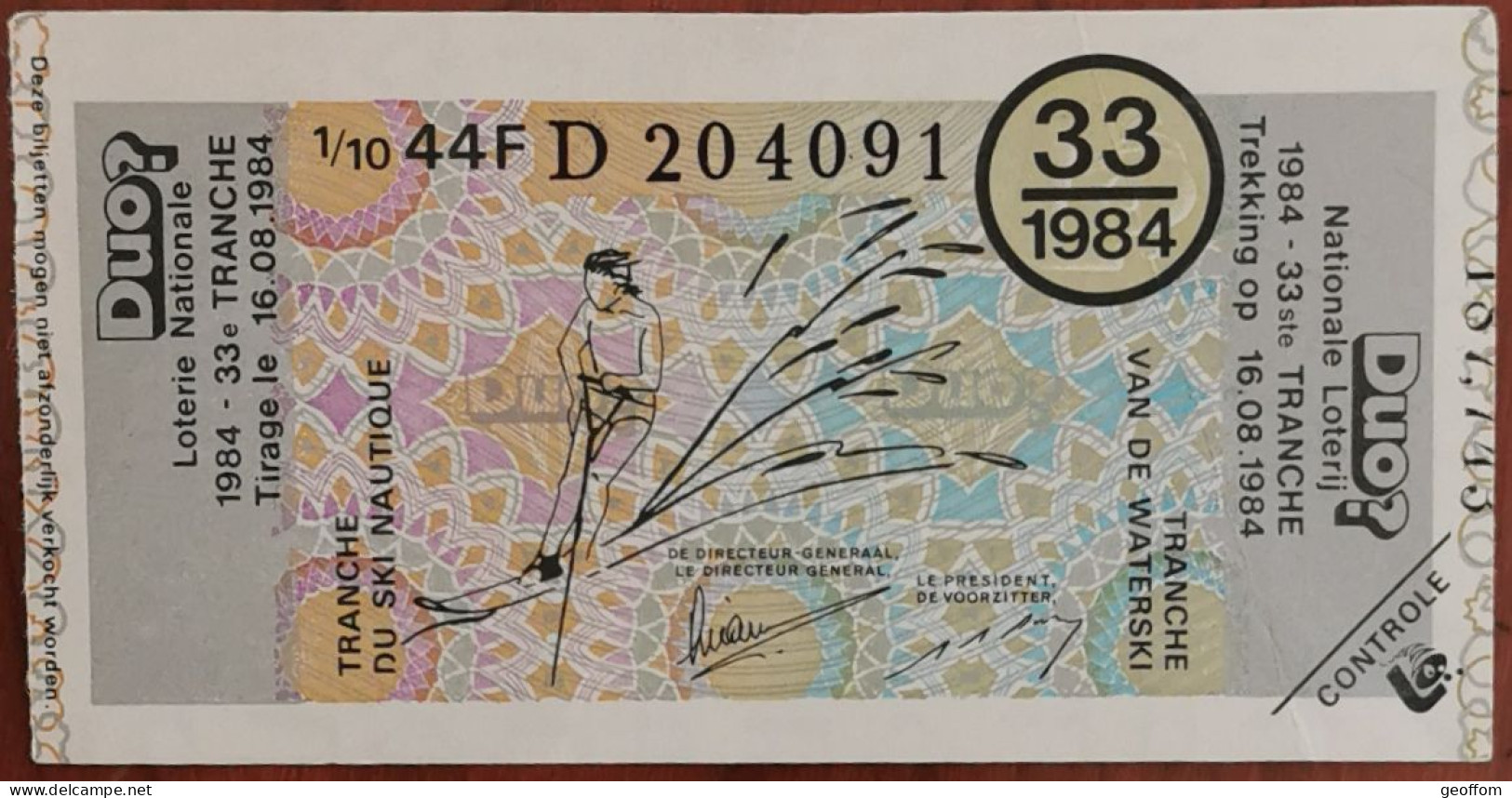 Billet De Loterie Nationale Belgique 1984 33e Tranche Du Ski Nautique - 16-8-1984 - Billetes De Lotería