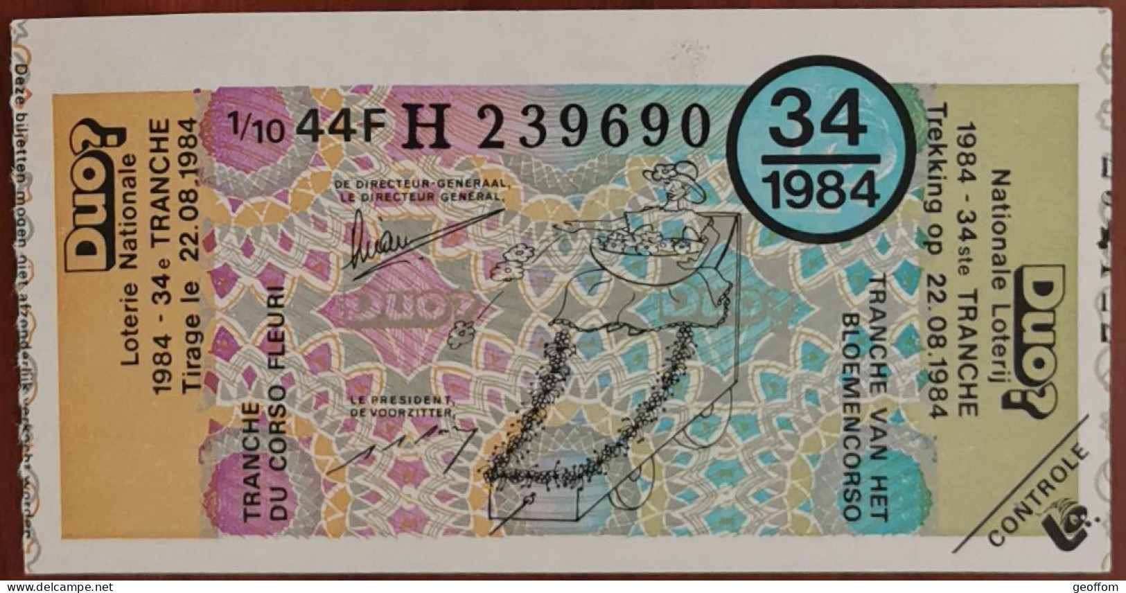 Billet De Loterie Nationale Belgique 1984 34e Tranche Du Corso Fleuri - 22-8-1984 - Billetes De Lotería