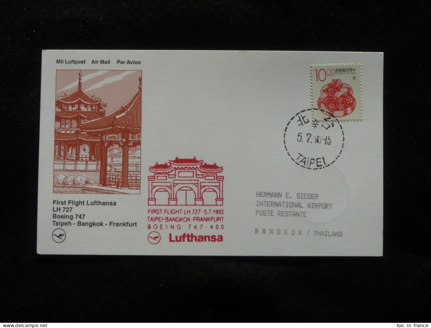 Lettre Premier Vol First Flight Cover Taiwan To Bangkok Thailand Boeing 747 Lufthansa 1993 - Brieven En Documenten