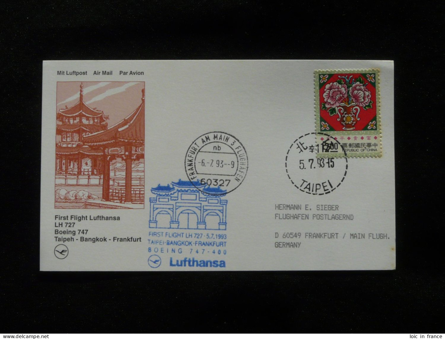 Lettre Premier Vol First Flight Cover Taiwan To Frankfurt Boeing 747 Lufthansa 1993 - Brieven En Documenten