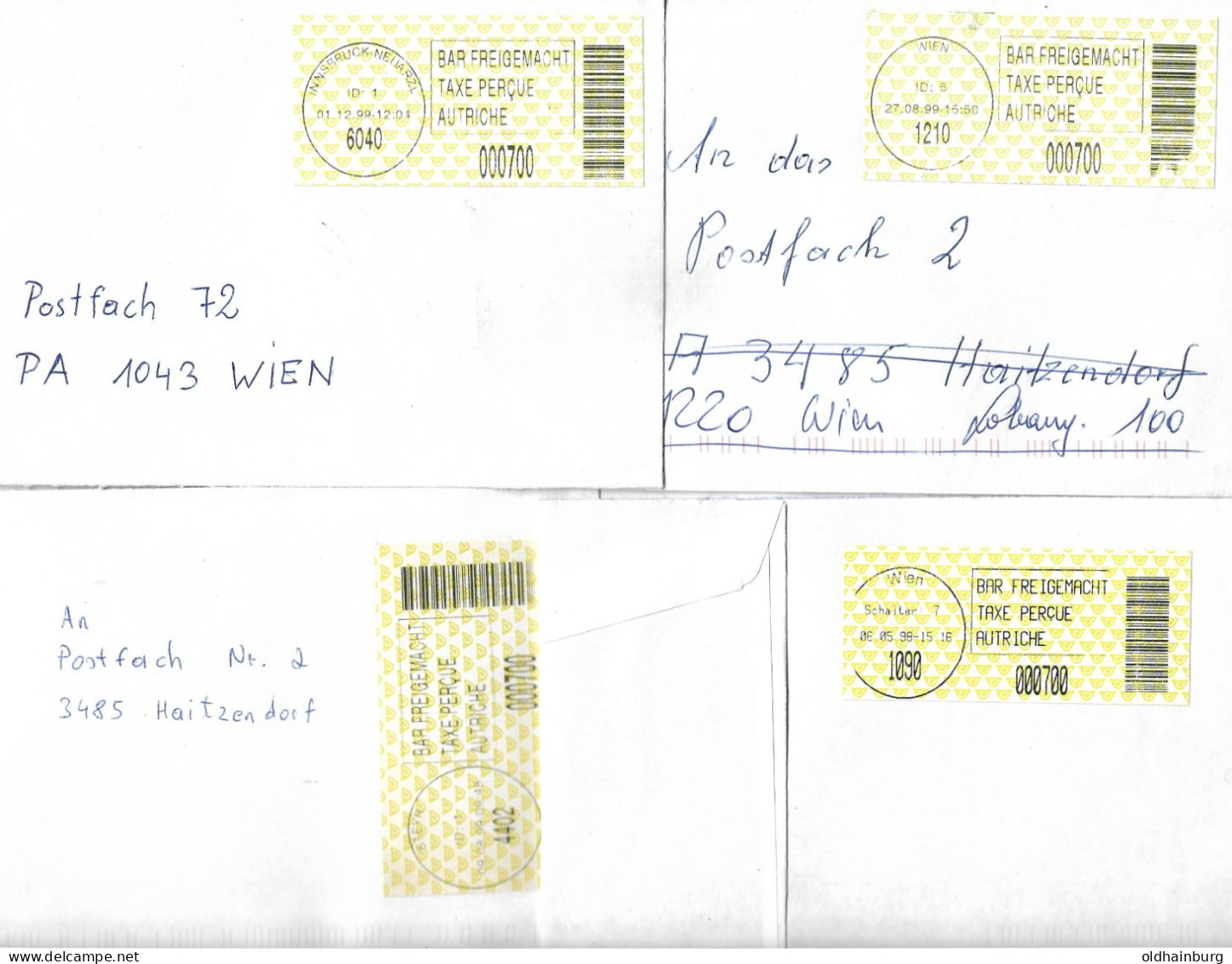 0057g: Österreichische Postautomation, 4 Belege Zu 7.- ÖS Porto Aus 1998/ 1999 - Macchine Per Obliterare (EMA)