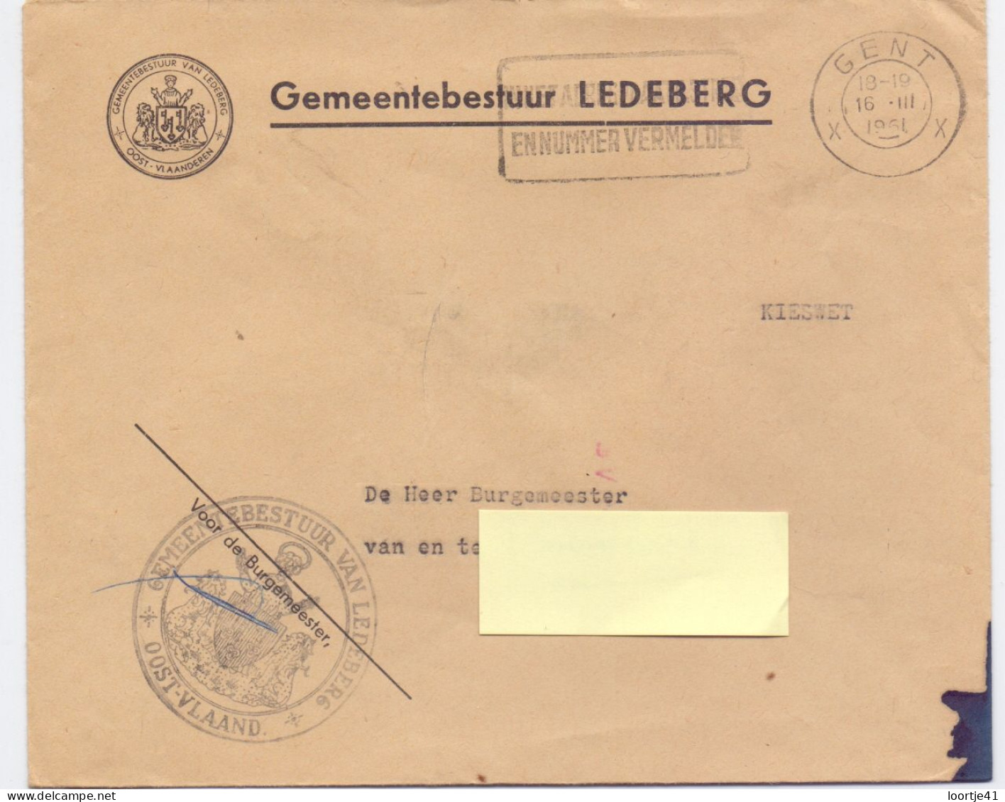 Omslag Enveloppe - Gemeentebestuur Ledeberg - Stempel Gent 1961 - Briefe