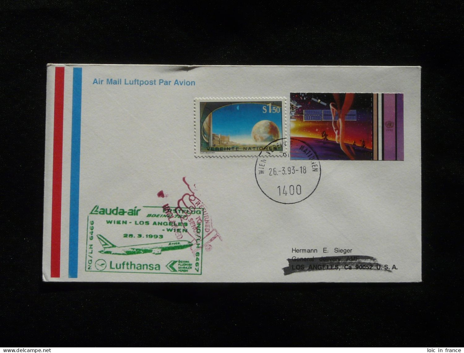 Lettre Premier Vol First Flight Cover Wien United Nations To Los Angeles Lauda Air Lufthansa 1993 - Covers & Documents