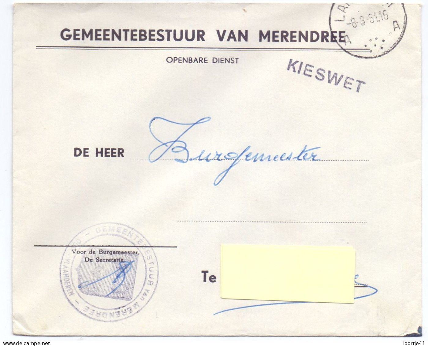 Omslag Enveloppe - Gemeentebestuur Merendree - Stempel 1961 - Briefe