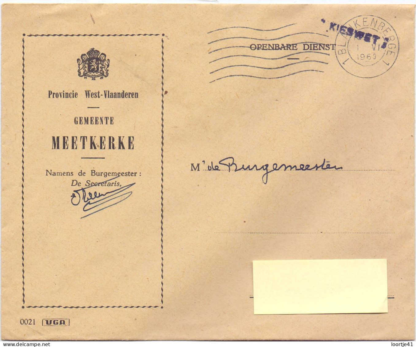 Omslag Enveloppe - Gemeentebestuur Meetkerke - Stempel Blankenberge 1960 - Briefe