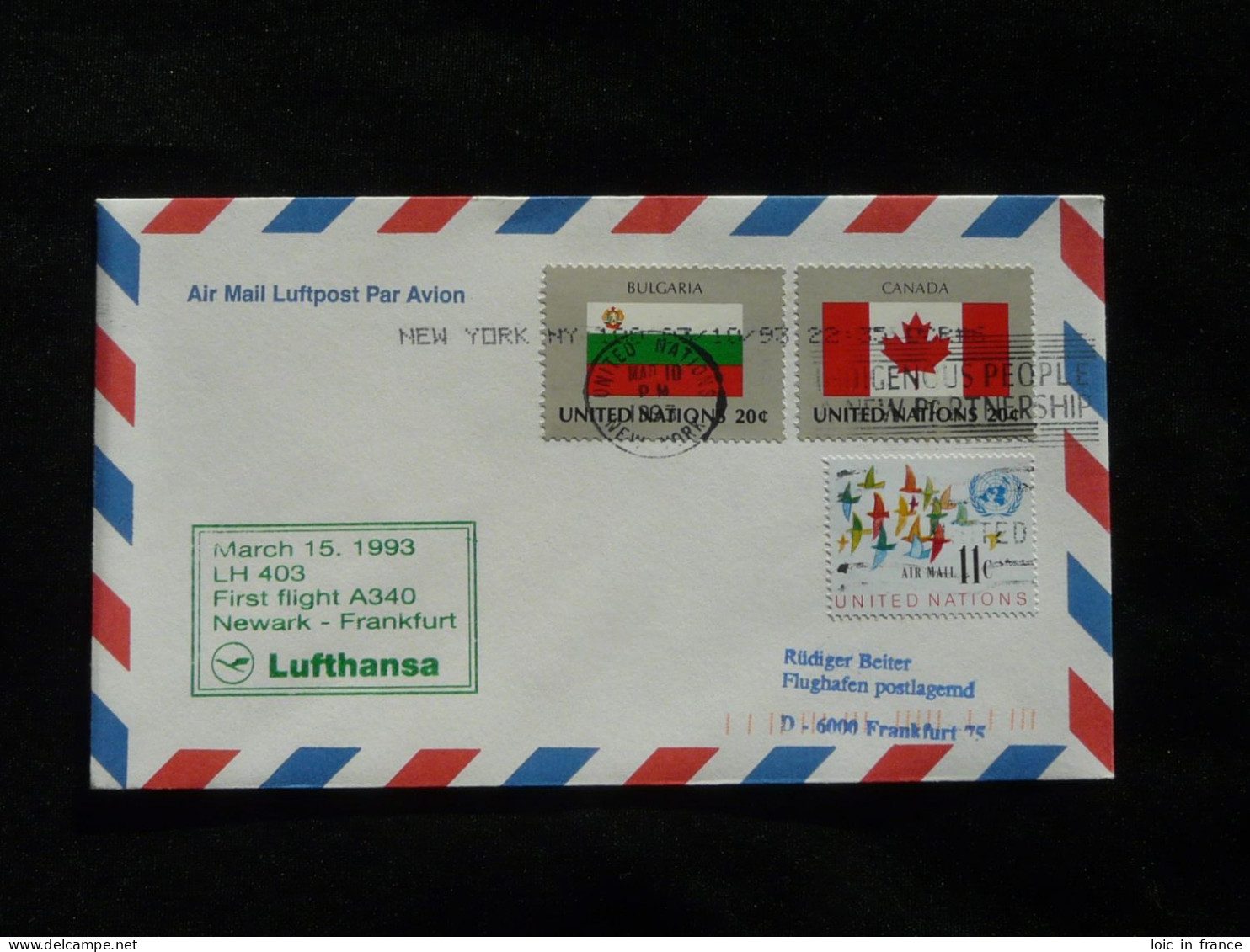 Lettre Premier Vol First Flight Cover New York United Nations To Frankfurt Airbus A340 Lufthansa 1993 - Covers & Documents